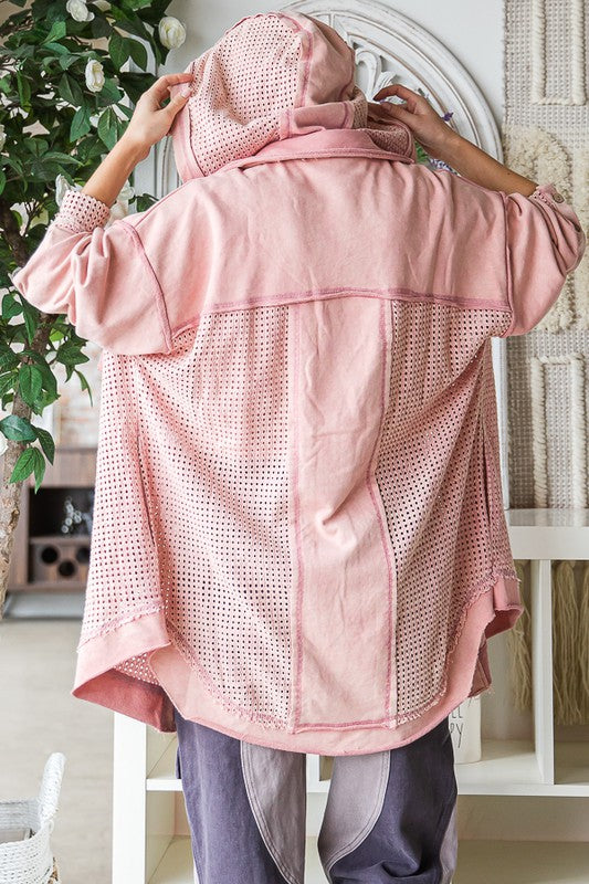 WASHED MIX MEDIA BUTTON DOWN HOODED SHACKET