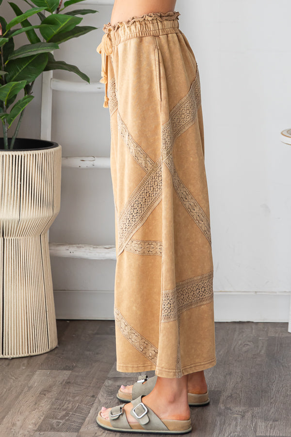 WASHED LACE TRIM TERRY WIDE LEG PANTS