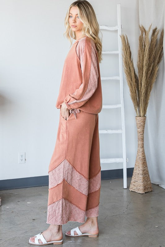 WASHED CONTRAST DETAIL SLEEVE PULLOVER TOP