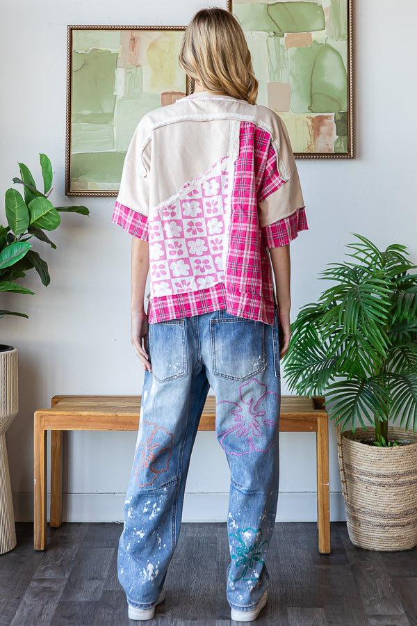 WASHED PRINTED MIX MEDIA SHORT SLEEVE TOP