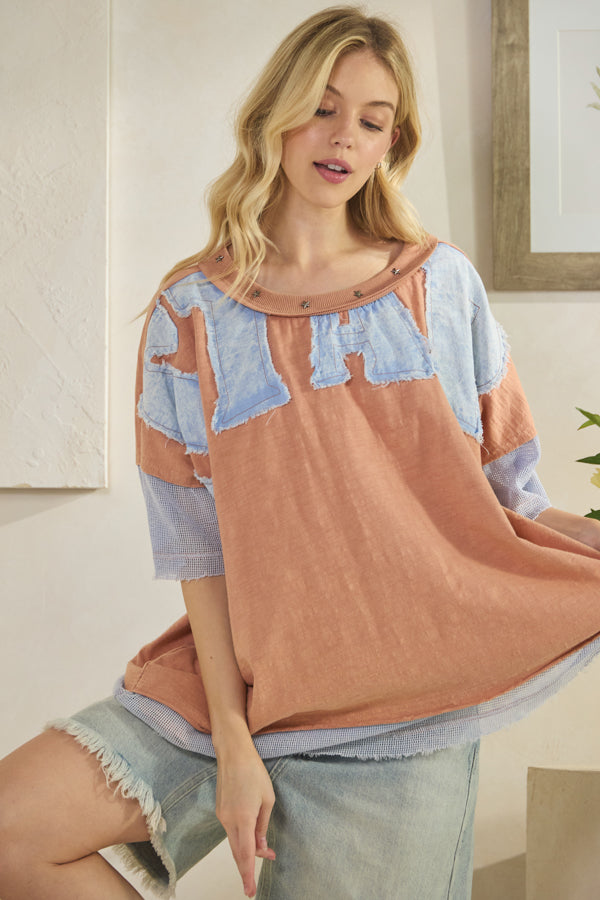 WASHED STAR PATCHWORK FINSH NET CONTRAST KNIT TOP