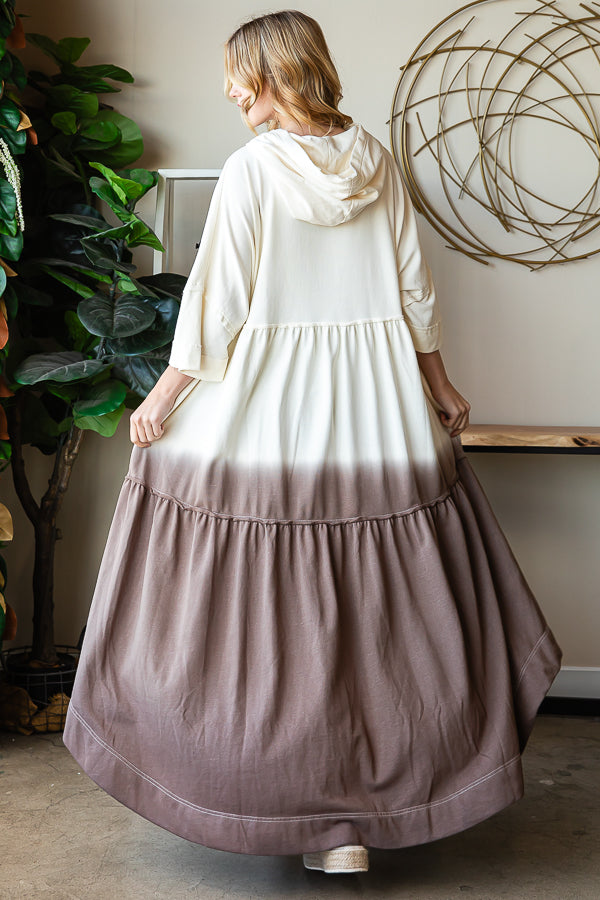 DIP DYE SHORT SLEEVE HOODED ZIP UP LONG CARDIGAN