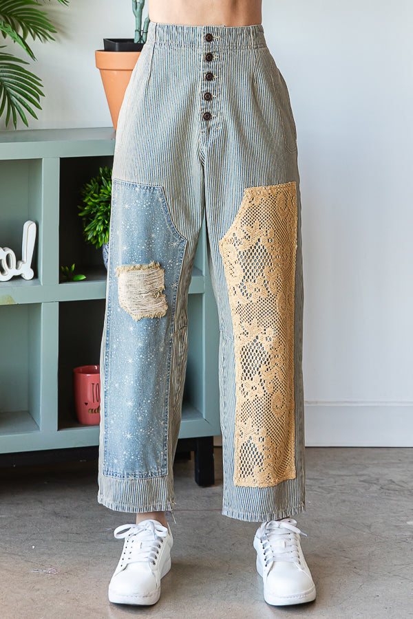 WASHED PATCHWORK DETAIL STRAIGHT LEG DENIM JEANS
