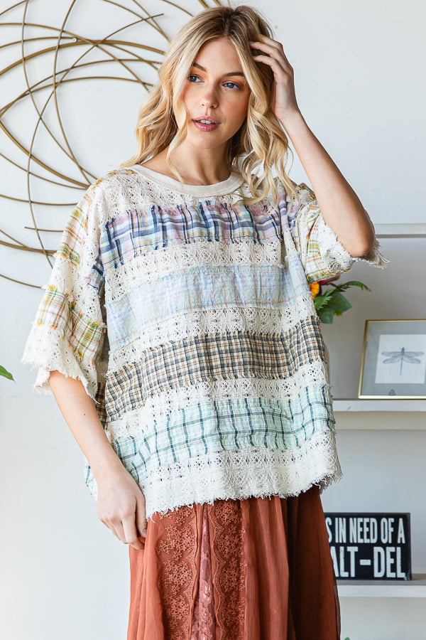 WASHED LACE INSERT PLAID MIX KNIT TOP