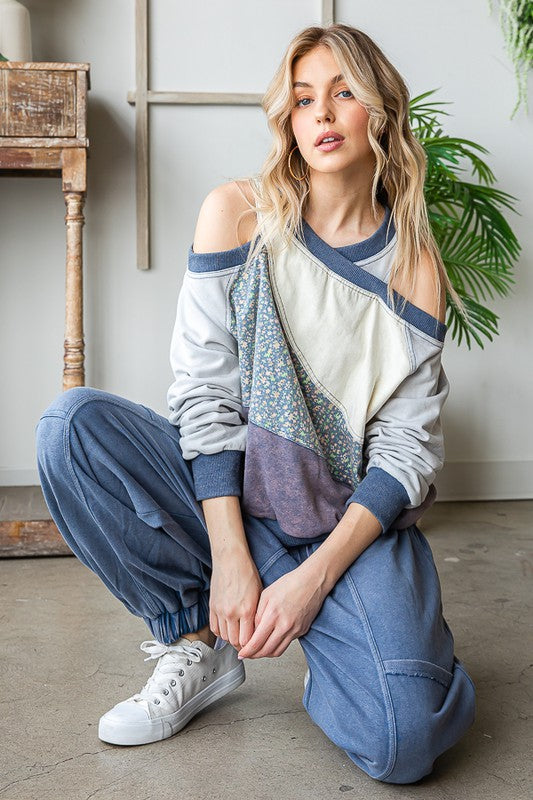 WASHED MIX MEDIA CUTOUT SHOULDER PULLOVER TOP
