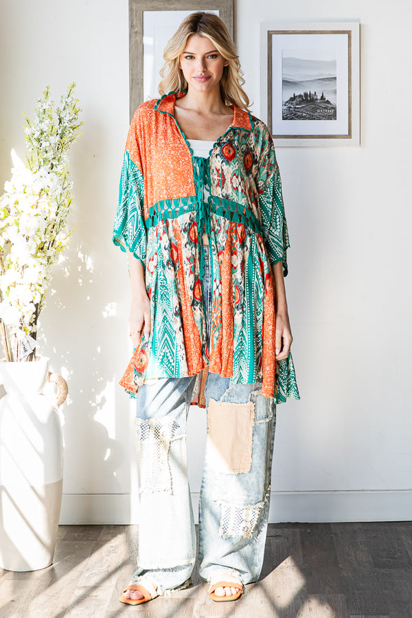 PRINTED MIX KIMONO MINI DRESS