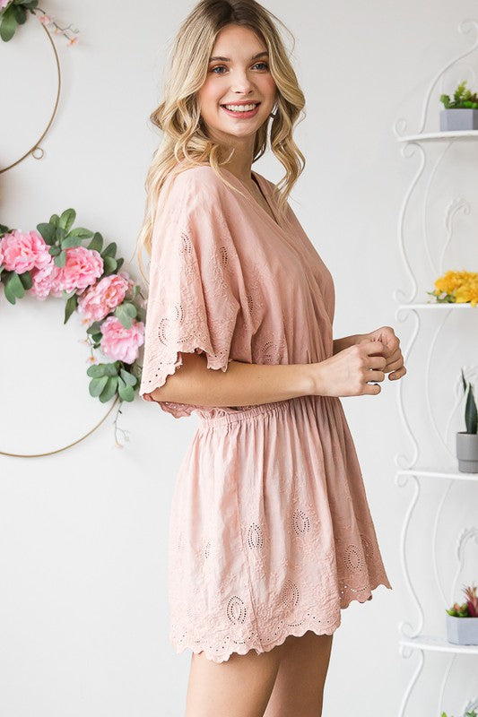 WASHED SURPLICE FRONT EYELET HEM PEPLUM BLOUSE