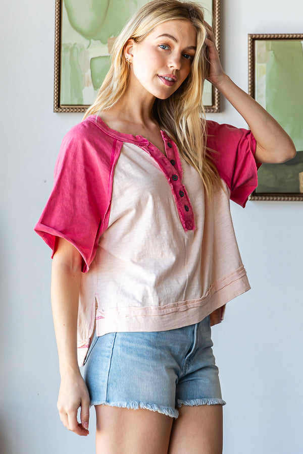 WASHED CONTRAST HENLEY NECK SHORT SLEEVE TEE