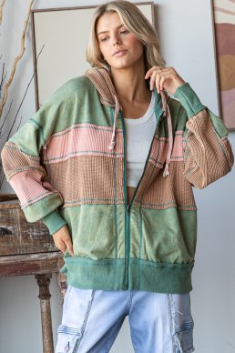 WASHED COLORBLOCK HOODED SOFT THERMAL JACKET