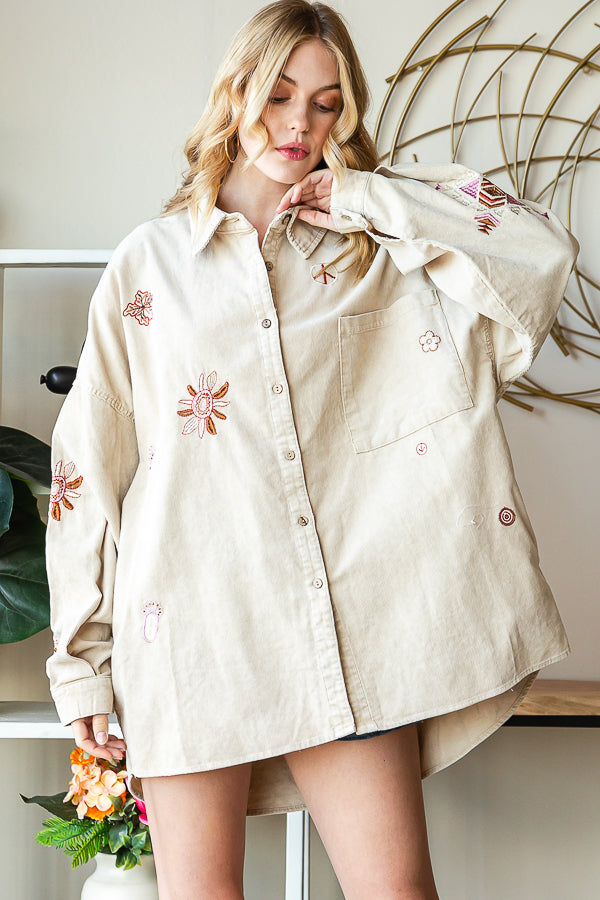 WASHED EMBROIDERED BUTTON DOWN CORDUROY SHIRT