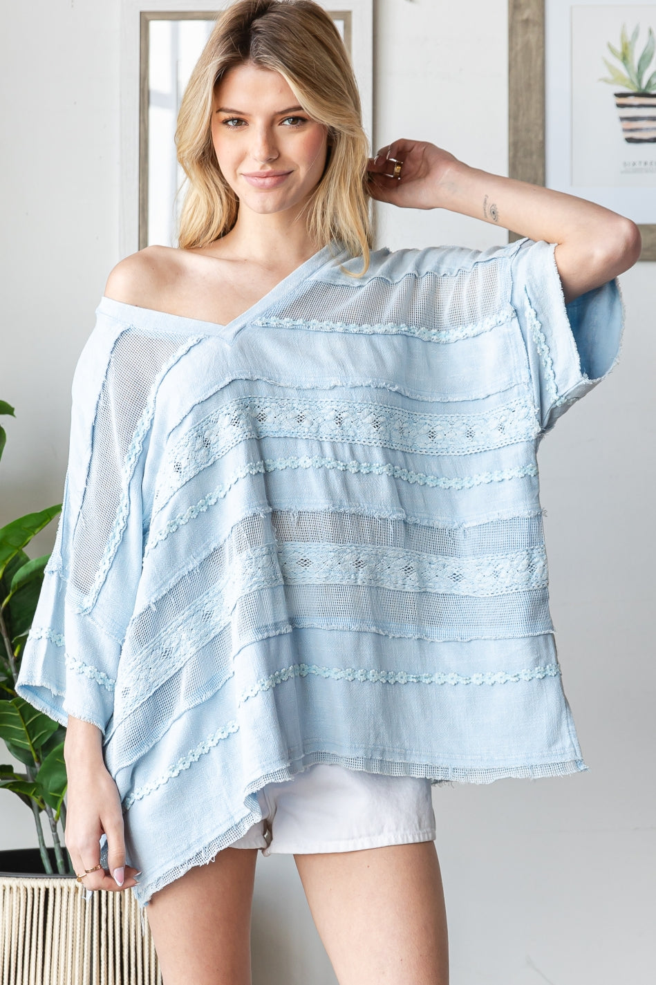 WASHED MIX MEDIA V NECK CASUAL TOP