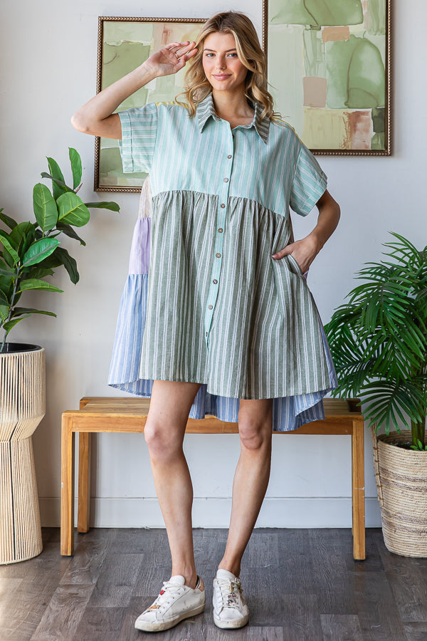 COLORBLOCK STRIPED COLLAR FLARE HEM SHIRT DRESS