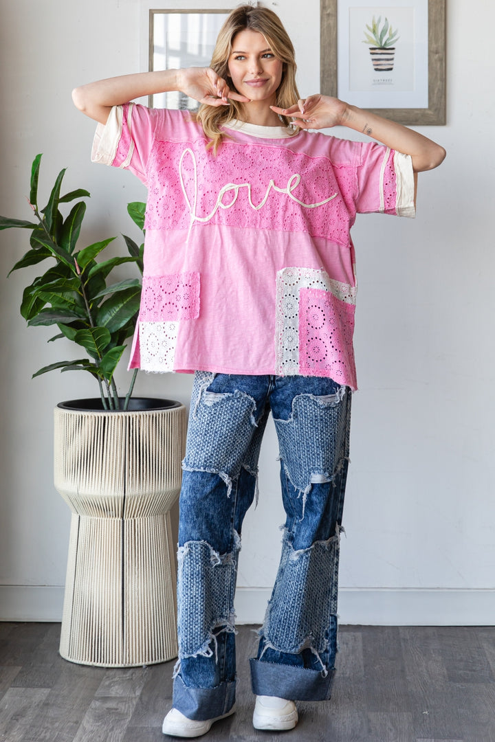 WASHED EYELET COLORBLOCK LOVE TEE SHIRT