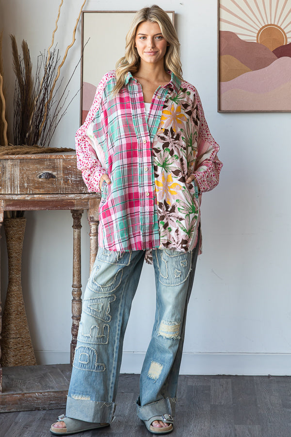 WASHED PRINT MIXED BUTTON DOWN SHIRT