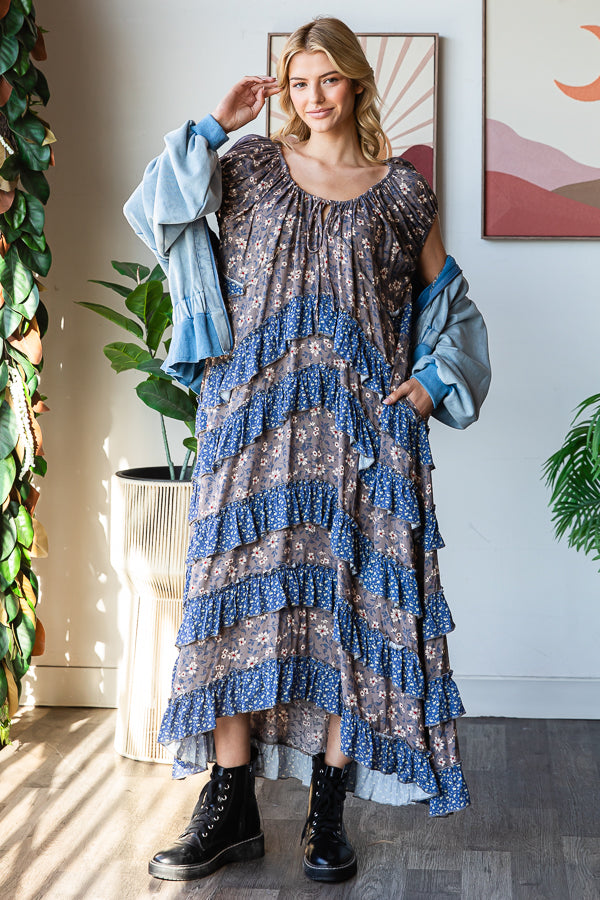 FLORAL PRINTED LAYERED RUFFLE MAXI DRESS