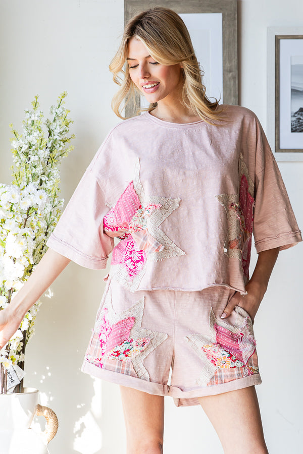 MULTI PRINT STAR PATCHWORK TOP SHORT TWO PIECE SET