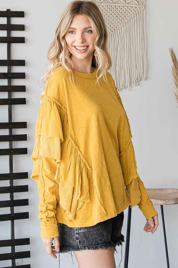 WASHED RUFFLE DETAIL DOLAM SLEEVE OVERSIZED TOP