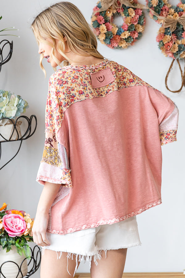 WASHED PRINT PATCHWORK SHORT SLEEVE TOP