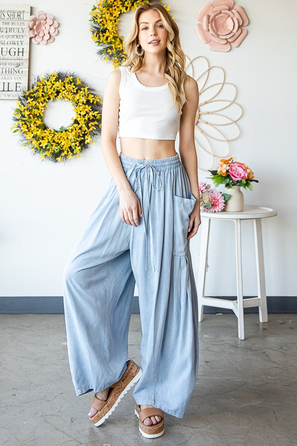 MINERAL WASHED DRAWSTRING WAIST WIDE LEG PANTS