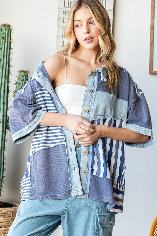 WASHED COLORBLOCK CONTRAST SHORT SLEEVE SHIRT