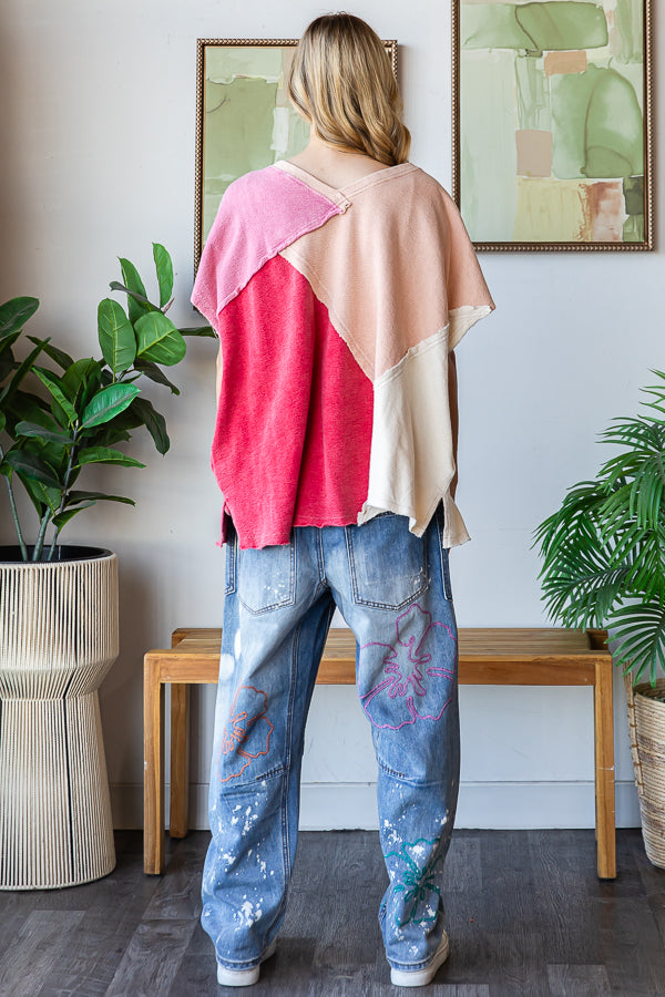 WASHED COLORBLOCK WIDE V NECK SHORT SLEEVE TOP