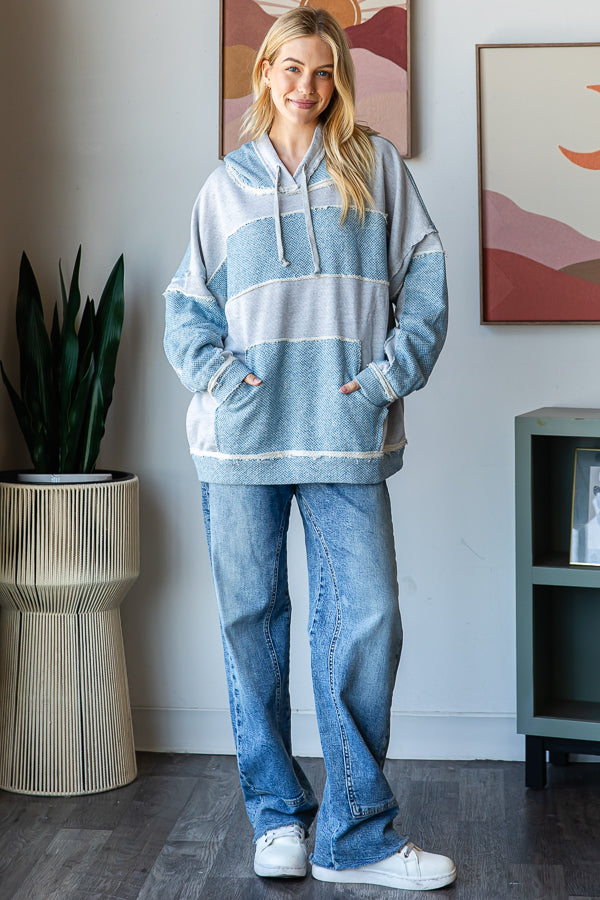 CONTRAST PATCHWORK DRAWSTRING HOODED TOP