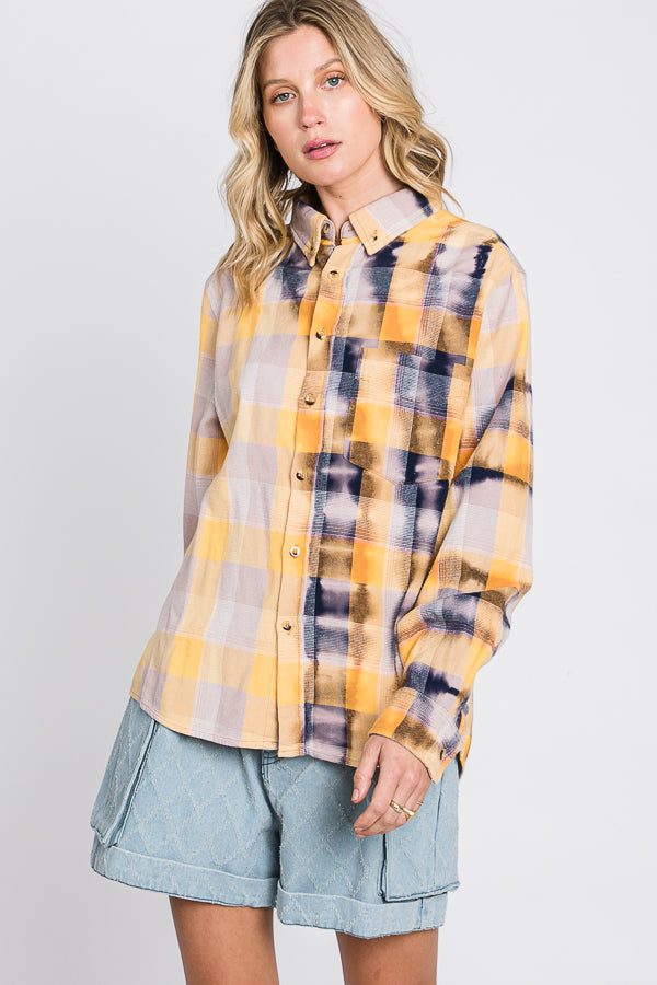 BLEACHED MULTI COLOR PLAID BUTTON DOWN SHIRT