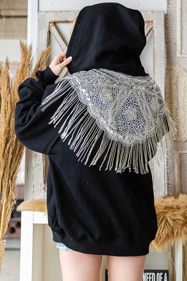 SILVER SEQUIN FRINGED DETAIL HOODED JACKET