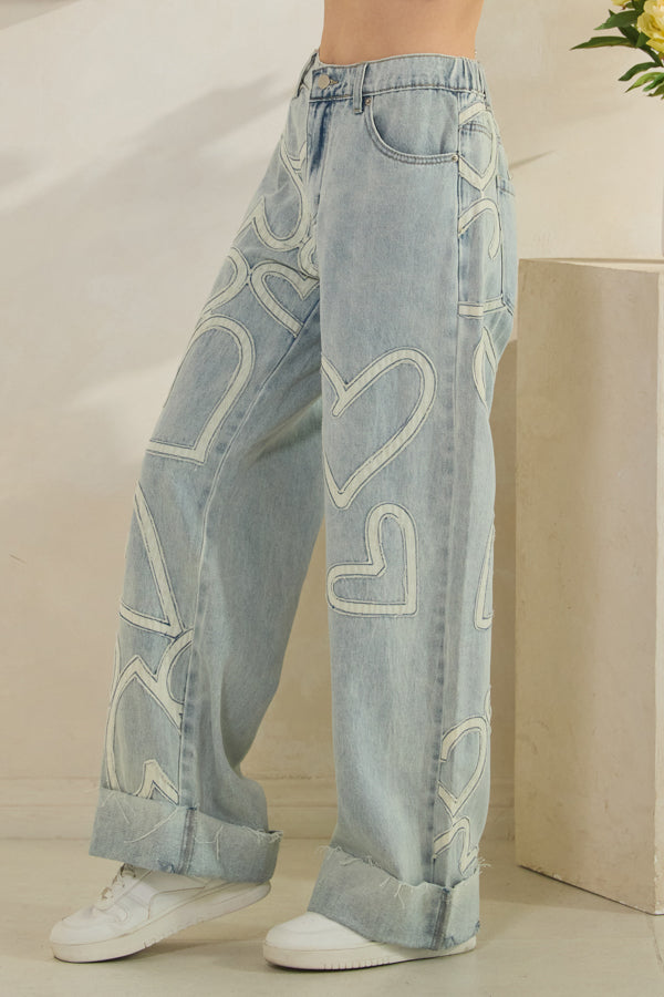 WASHED HEART PATCHWORK DETAIL DENIM JEANS