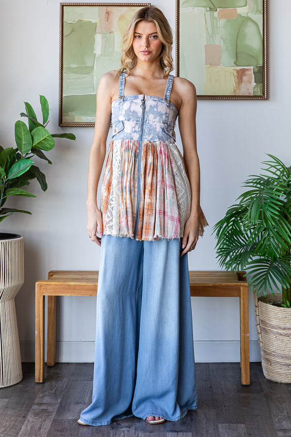 WASHED PLAID MIXED FLARE HEM ZIP FRONT DENIM TOP