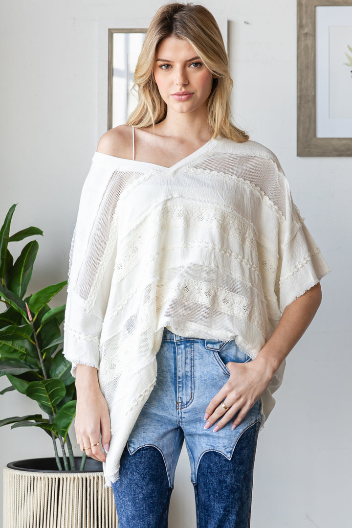 WASHED MIX MEDIA V NECK CASUAL TOP