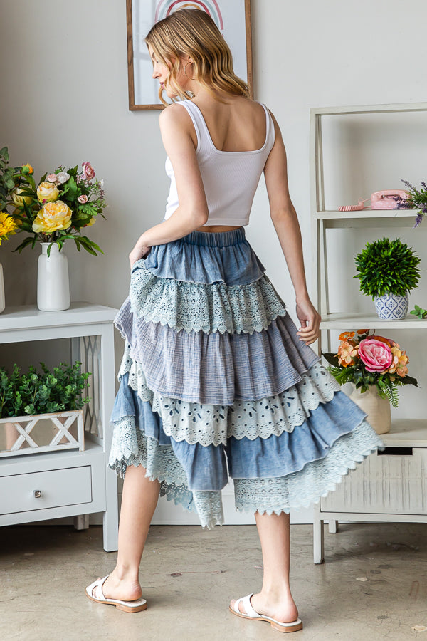 WASHED MIX MEDIA TIERED WIDE LEG CROPPED PANTS