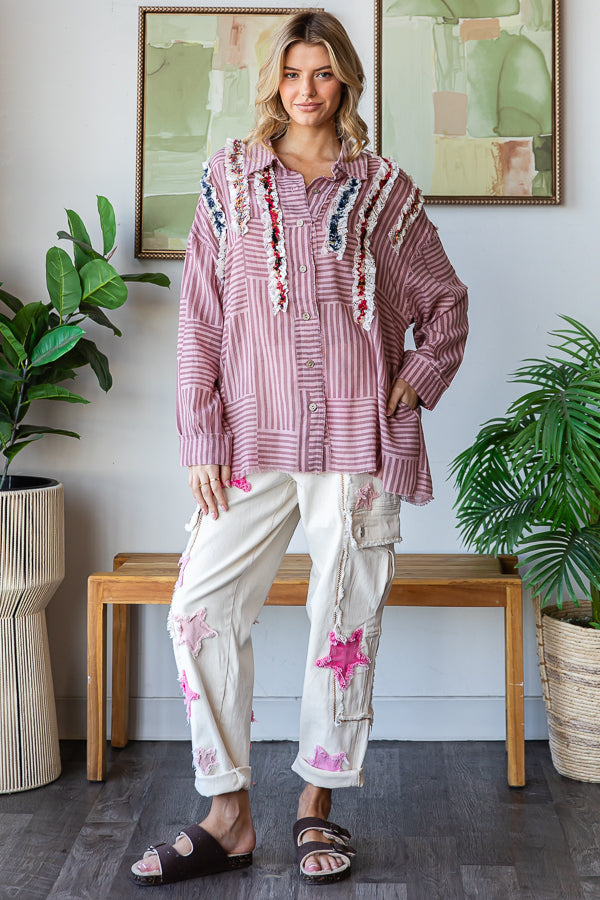 RUFFLE CONTRAST DETAIL STRIPED BUTTON DOWN SHIRT