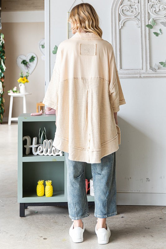 WASHED MIX MEDIA COLLAR NECK OVERSIZED SHIRT