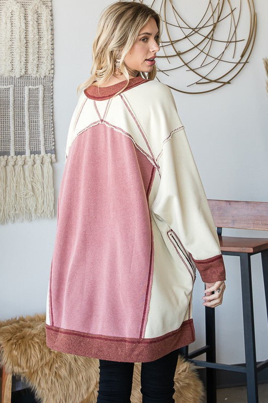 WASHED COLORBLOCK BOXY PULLOVER KNIT TOP