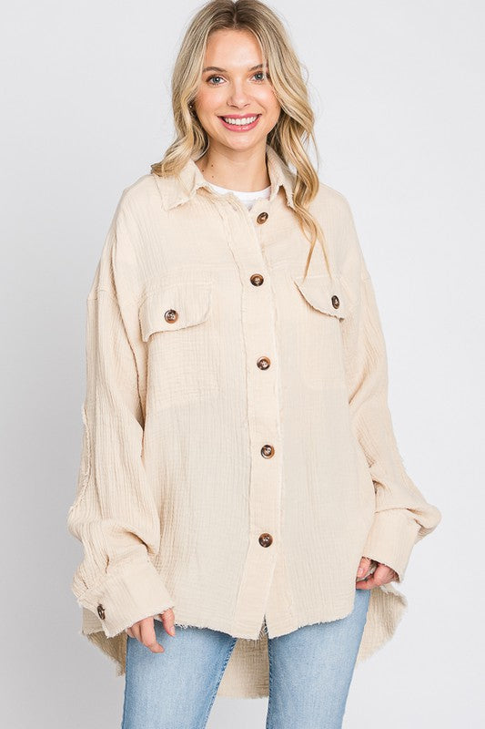 WASHED DOUBLE GAUZE BUTTON FRONT OVERSIZED SHACKET