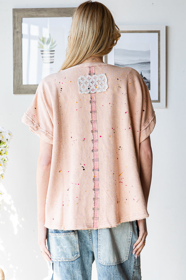 PAINT SPLATTER DETAIL RIBBON PATCHWORK TOP