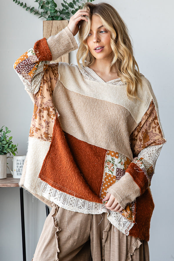 COLOR BLOCK PATCHWORK LONG SLEEVE PULLOVER HOODIE