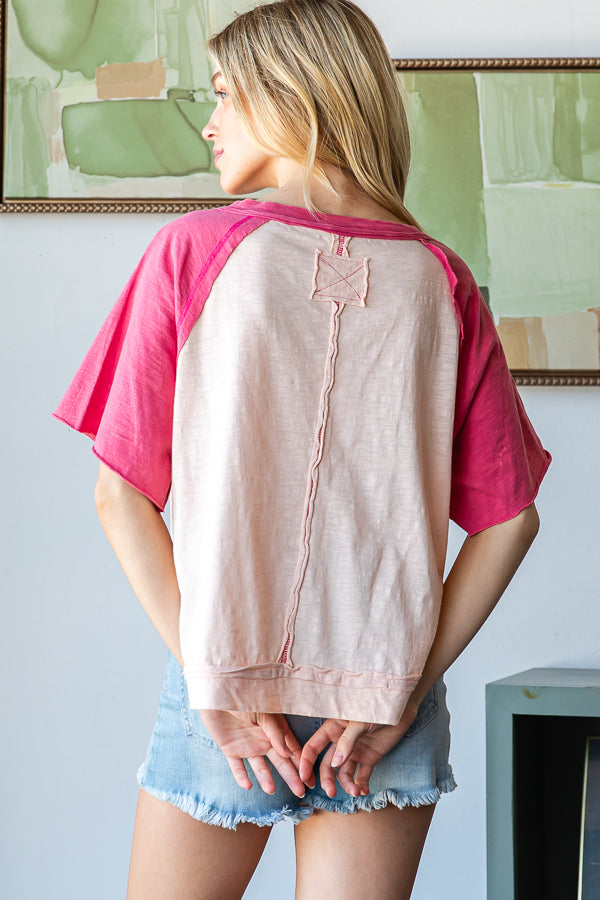 WASHED CONTRAST HENLEY NECK SHORT SLEEVE TEE