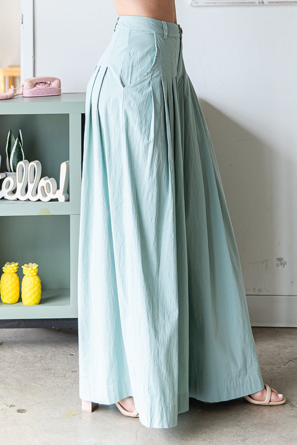 WASHED COTTON PLEATED WIDE LEG PANTS