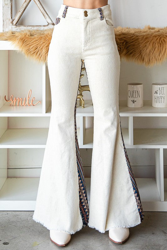 WASHED AZTEC PATTERN BELL BOTTOM CORDUROY PANTS