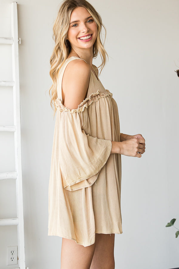 WASHED COLD SHOULDER RUFFLE DETAIL TUNIC TOP