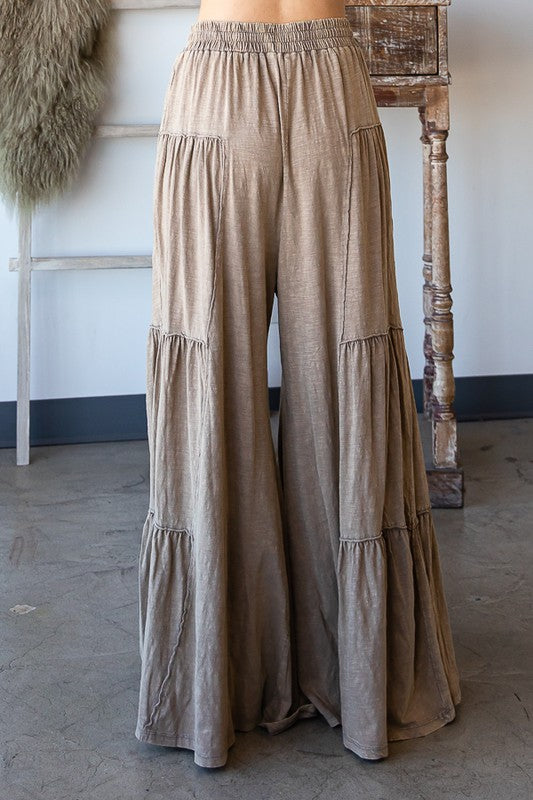 MINERAL WASHED TIERED BOHO WIDE LEG CASUAL PANTS