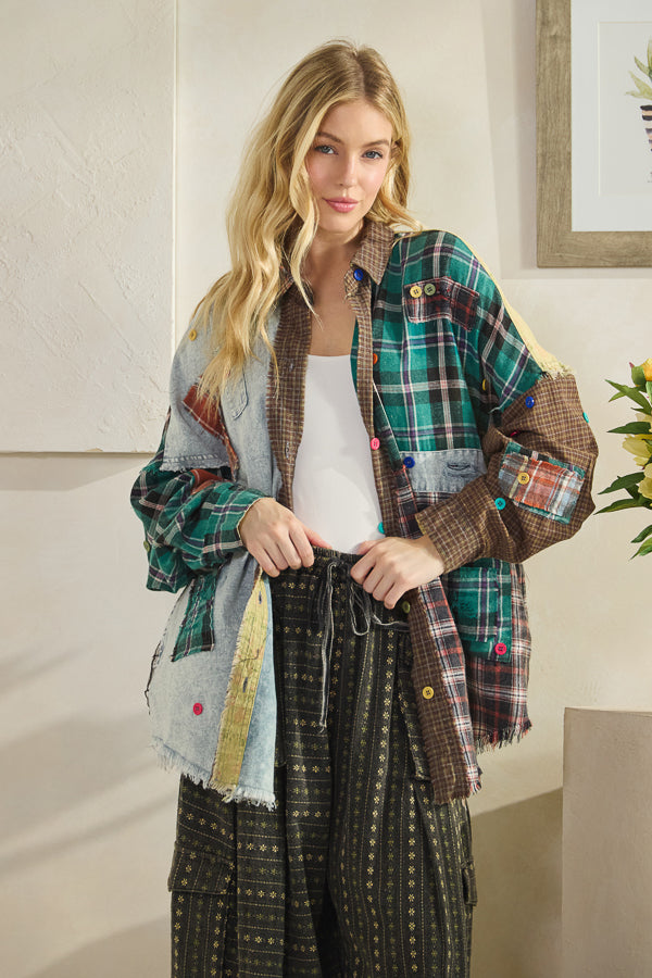 COLORBLOCK PATCHWORK PLAID BUTTON DOWN SHIRT