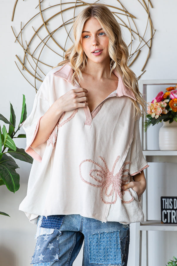 WASHED BUTTERFLY PATCHWORK HENLEY NECK KNIT TOP