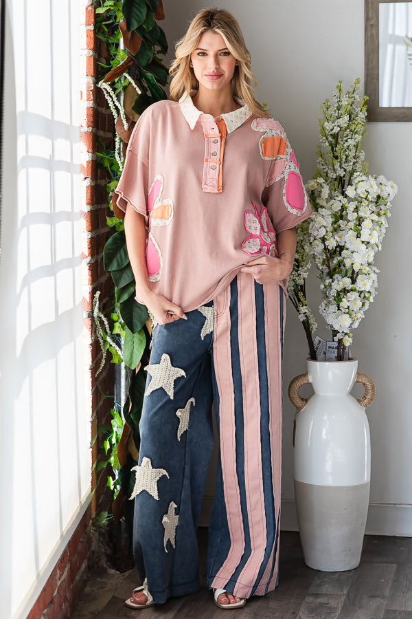 WASHED FLOWER PATCHWORK COLLARED TOP