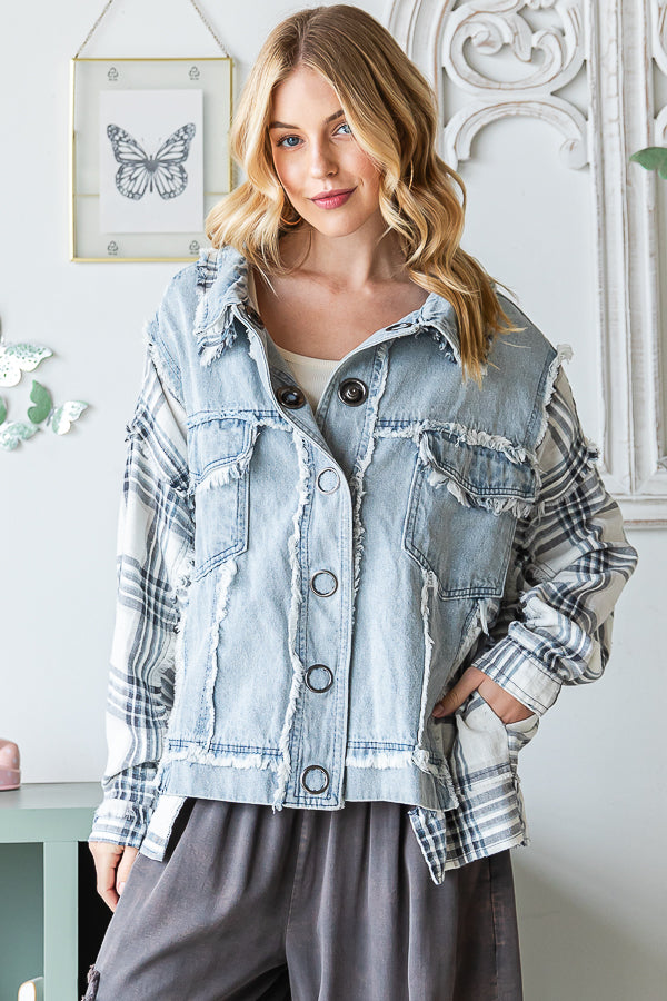 WASHED PLAID CONTRAST BUTTON FRONT DENIM JACKET