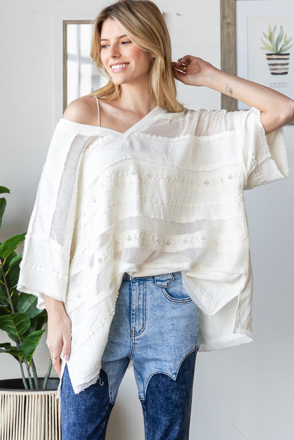 WASHED MIX MEDIA V NECK CASUAL TOP