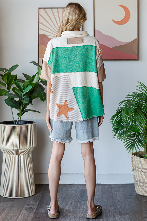 WASHED STAR PATCHWORK HALF COLLARED SHIRT