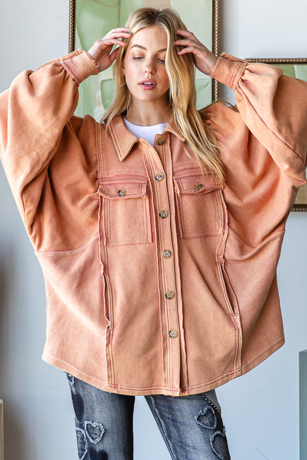 WASHED BALLOON SLEEVE BUTTON FRONT SHIRT JACKET